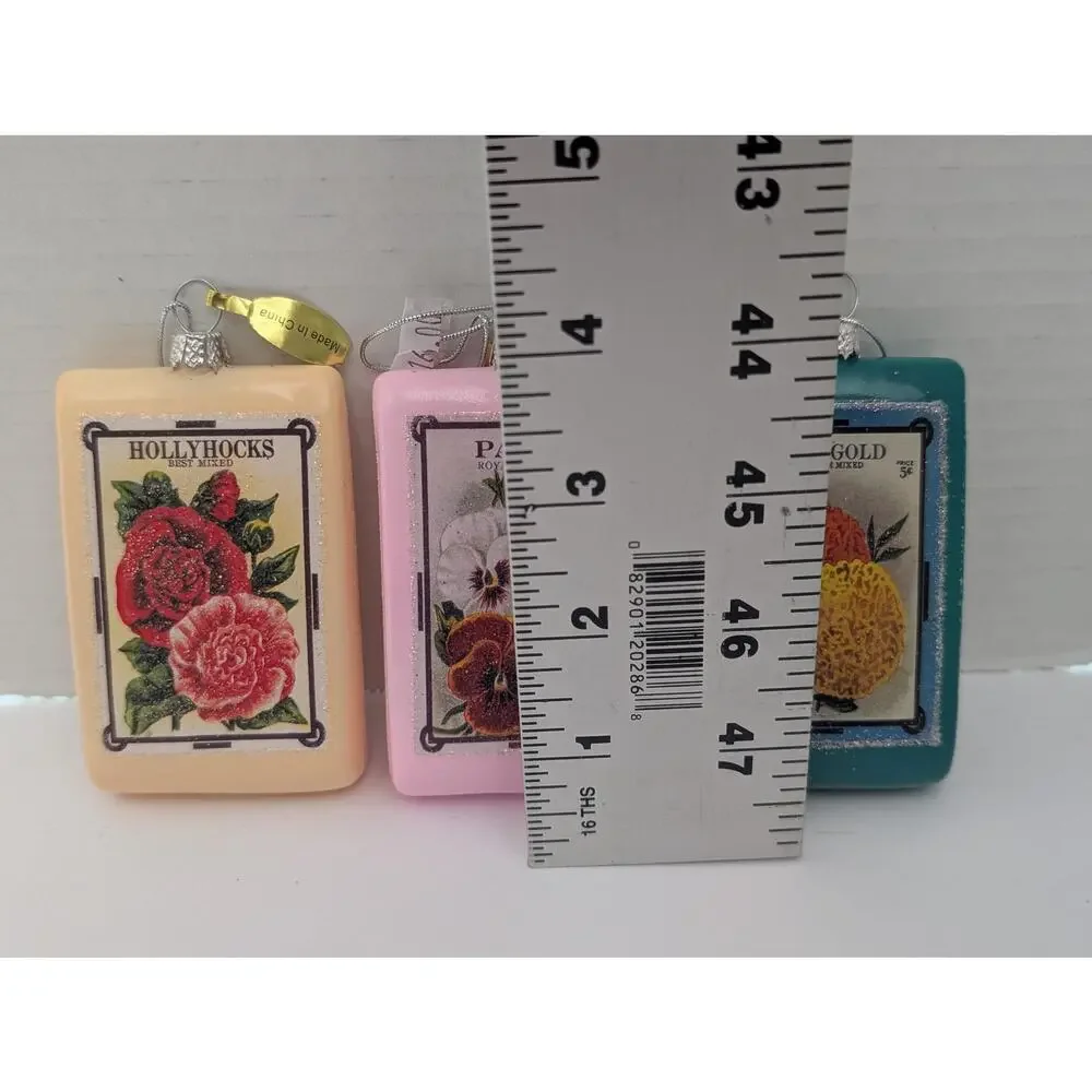 Vintage Seed Packet Glass Ornaments Set Hollyhocks Pansy Marigold Garden Decor